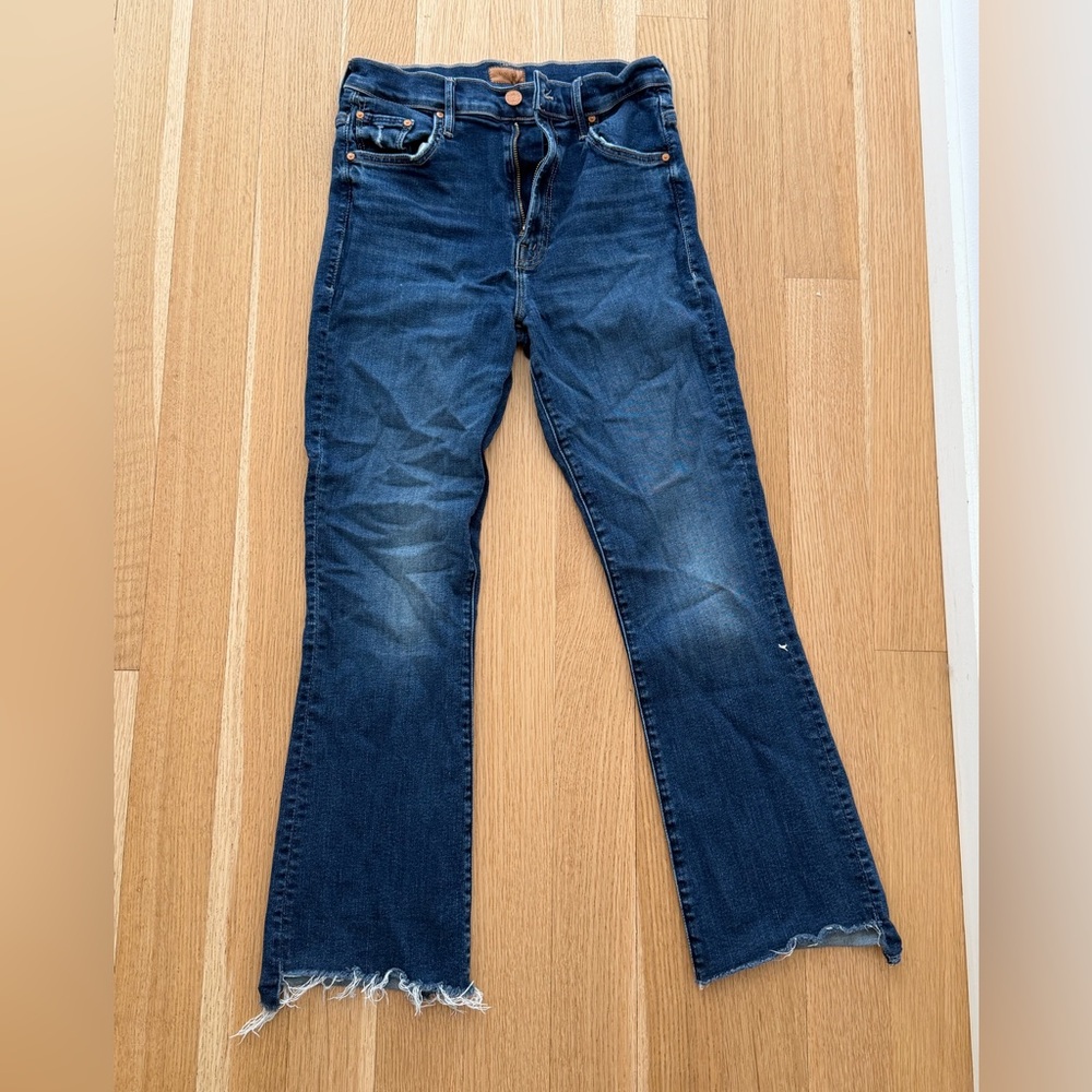 MOTHER Dark Blue Bootcut Jeans with Frayed Hem
